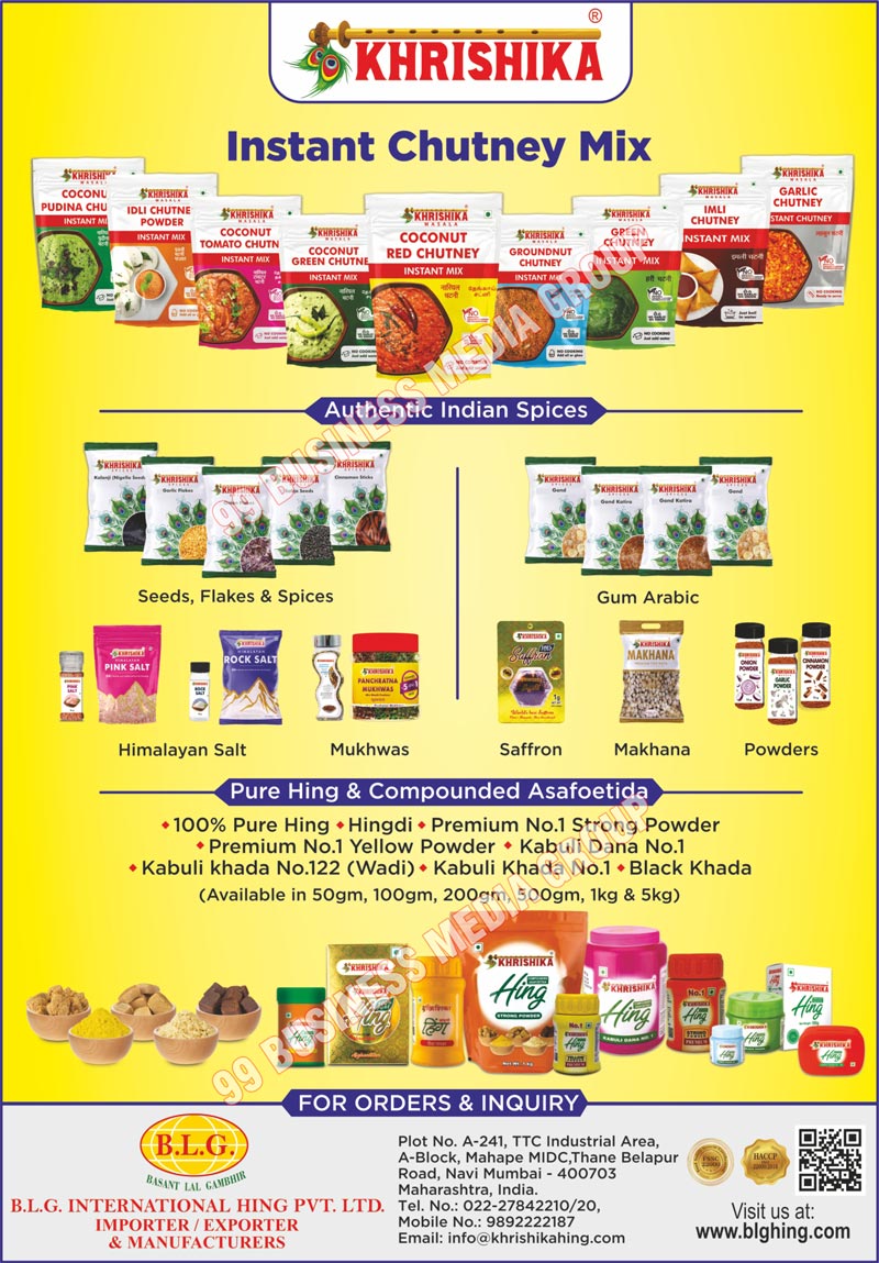 Instant Chutney Mix, Authentic Indian Spices, Seeds Spices, Flakes Spices, Himalayan Salt, Mukhwas, Saffrons, Makhana, Powders, Pure Hing, Strong Powders, Yellow Powders, Kabuli Dana, Kabuli Khada, Black Khada