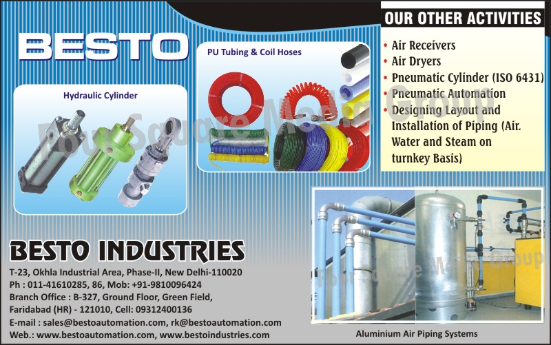 Hydraulic Cylinders, PU Tubing, Coil Hoses, Aluminium Air Piping Systems, Air Dryers, Air Receivers, Pneumatic Cylinders, Designing Layout, Pneumatic Automation, Steam Piping Designing Layout, Air Piping Designing Layout, Water Piping Designing Layout, Steam Piping Designing Layout, Pneumatic Automation