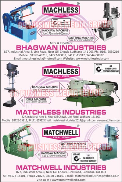 Bandsaw Machines, Slotting Machines, Drilling Machines, Hacksaw Machines