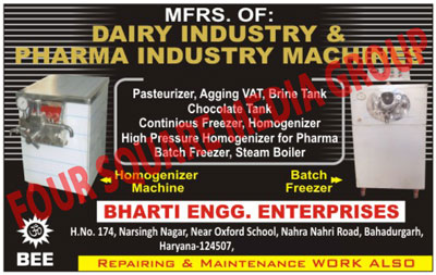 Dairy Industry Machines, Pharma Industry Machines, Pasteurizers, Agging Vats, Brine Tanks, Chocolate Tanks, Continuous Freezers, Homogenizers, Batch Freezers, Steam Boilers