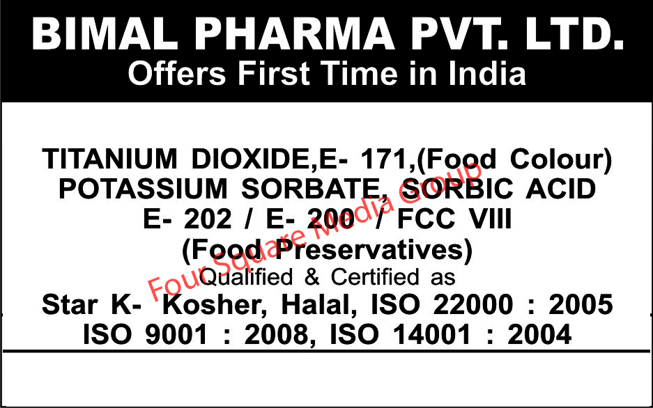 Food Colours, Titanium Dioxide, Food Preservatives, Potassium Sorbate, Sorbic Acid, FCC Vlll, Food Sweeteners, Aspartame, Acesulfame Potassium, Sucralose, Natural bio-Preservatives