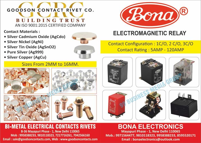 Contact Materials, Silver Cadmium Oxides, Silver Nickles, Silver Tin Oxides, Pure Silvers, Silver Coppers, Contact Rivets, Metal Rivets, Electrical Contact Rivets, Bimetal Rivets, Power Relays, Eletromagnetic Relays