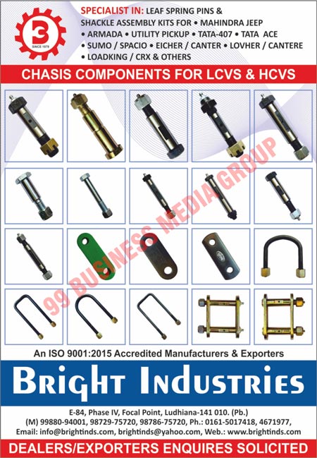 Shackles, Automotive Bolts, Spring Pins, Motor Parts, Tractor Parts, Leaf Spring Pins, Shackle Assembly Kits, LCV Chasis Components, HCV Chasis Components, Mahindra Jeep Shackle Assembly Kits, Armada Shackle Assembly Kits, Utility Picup Shackle Assembly Kits, Tata 407 Shackle Assembly Kits, Tata Ace Shackle Assembly Kits, Sumo Shackle Assembly Kits, Spacio Shackle Assembly Kits, Eicher Shackle Assembly Kits, Canter Shackle Assembly Kits, LOVHER Shackle Assembly Kits, Cantere Shackle Assembly Kits, Loadking Shackle Assembly Kits, CRX Shackle Assembly Kits