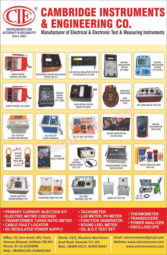 Electrical Testing Instruments, Electronic Testing Instruments, Electrical Measuring Instruments, Electronic Measuring Instruments, Hand Driven Generator Type Insulation Testers, Digital Insulation Testers, Digital Earth Testers, Motorised Analog Insulation Testers, Digital Clamp Meters, Phase Sequence Indicators, Relay Test Sets, Micro OHM Meters, Hand Driven Generator Type Earth Testers, Oil Test Sets, High Voltage Breakdown Test Sets, Digital Multimeters, Primary Current Injection Kits, Electric Motor Checkers, Transformer Turn Ratio Meters, Cable Fault Lacators, DC Regulated Power Supply, Tachometers, Lux Meters, Function Generators, Sound Level Meters, PH Meters, Thermometers, Transducers, Power Analyzers, Oscilloscopes, Oil BDV Test Sets, Insulation Testers, Earth Testers, Clamp Meters, AC High Voltage Test Sets, Digital Meters, Multimeters