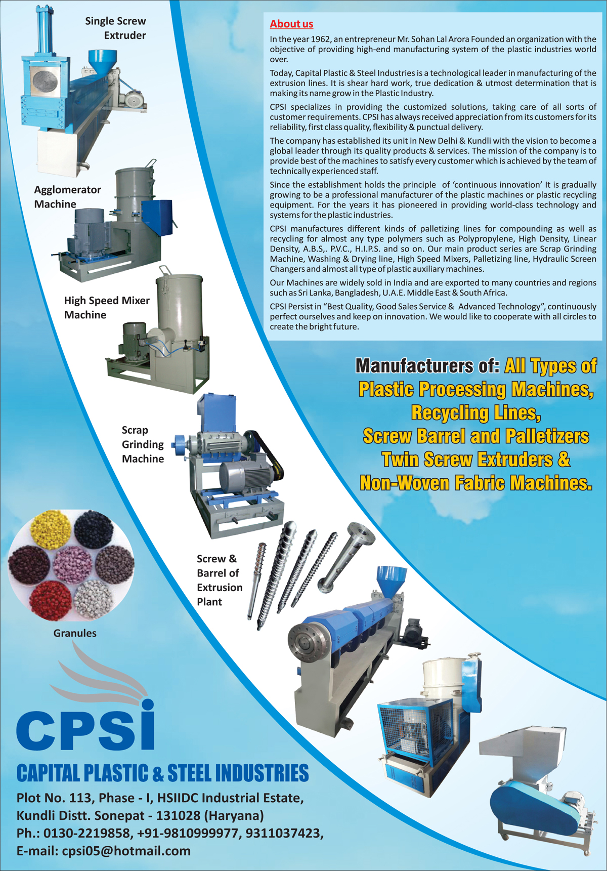 Single Screw Extruder, Agglomerator Machines, Mixer For Plastics, Mixer Machine For Plastics, Scrap Grinding Machines, Scrap Grinder Machines, Extrusion Plant Screws, Extrusion Plant Barrels, Plastic Processing Machines, Recycling Lines, Twin Screw Extruder, Non Woven Fabric Machines, Plastic Washing Lines, Plastic Drying Lines, Palletizing Line for Plastic, Hydraulic Screen Changer For Plastic, Plastic Auxiliary Machines,Extruder, Mixer Machines, Screw Extrusion Plants, Barrel Extrusion Plants, Fabric Machines, Woven Fabric Machines