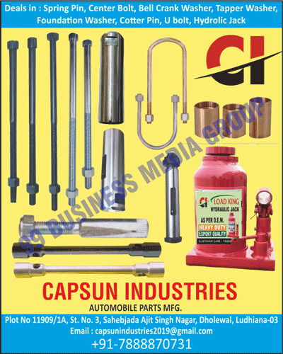 Spring Pins, Center Bolts, Bell Crank Washers, Tapper Washers, Foundation Washers, Cotter Pins, U Bolts, Hydraulic Jacks