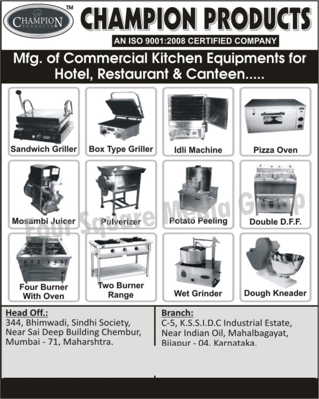 Two Burner Range, Four Burner Ovens, Sandwich Grillers, Box Type Sandwich Grillers, Idli Machines, Double Deep Fat Fryers, Double Deep Fat Friers, Guard Dough Kneaders, Wet Grinders, Hotel Commercial Kitchen Equipments, Canteen Commercial Kitchen Equipments, Pizza Ovens, Mosambi Juicers, Pulverizers, Potato Peelers, Potato Peeling Machines, Restaurant Commercial Kitchen Equipments, Dough Kneaders