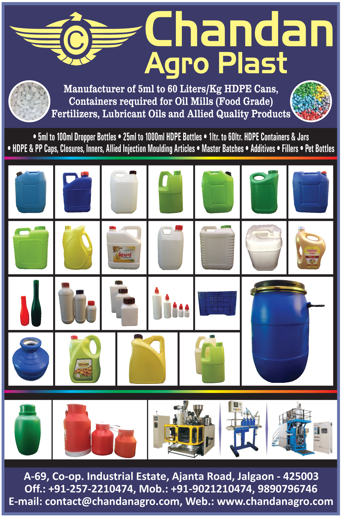 HDPE Cans, Dropper Bottles, Oil Mill Containers, Fertilizer Containers, Lubricant Oil Containers, HDPE Bottles, HDPE Containers, HDPE Jars, HDPE Caps, PP Caps, HDPE Closures, PP Closures, HDPE Inners, PP Inners, Allied Injection Moulding Articles, Allied Injection Molding Articles, Master Batches, Additives, Fillers, Pet Bottles