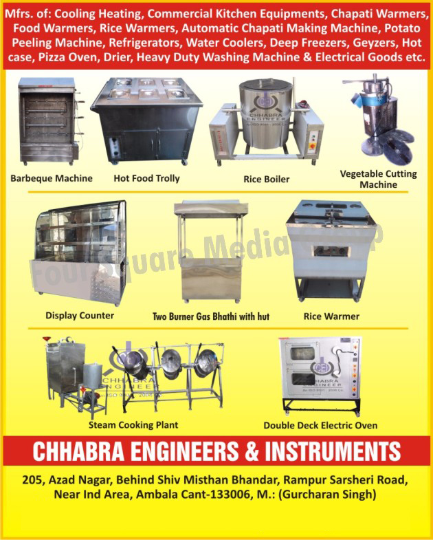 Barbeque Machines, Hot Food Trolley, Rice Boilers, Vegetable Cutting Machines, Display Counters, Two Burner Gas Bhathi With Hut, Rice Warmers, Steam Cooking Plant, Double Deck Electric Ovens, Cooling Heating, Commercial Kitchen Equipments, Chapati Warmers, Food Warmers, Automatic Chapati Making Machines, Potato Peeling Machines, Refrigerators, Water Coolers, Deep Freezers, Geyzers, Geysers, Hot Cases, Pizza Ovens, Driers, Dryers, Heavy Duty Washing Machines, Electrical Goods