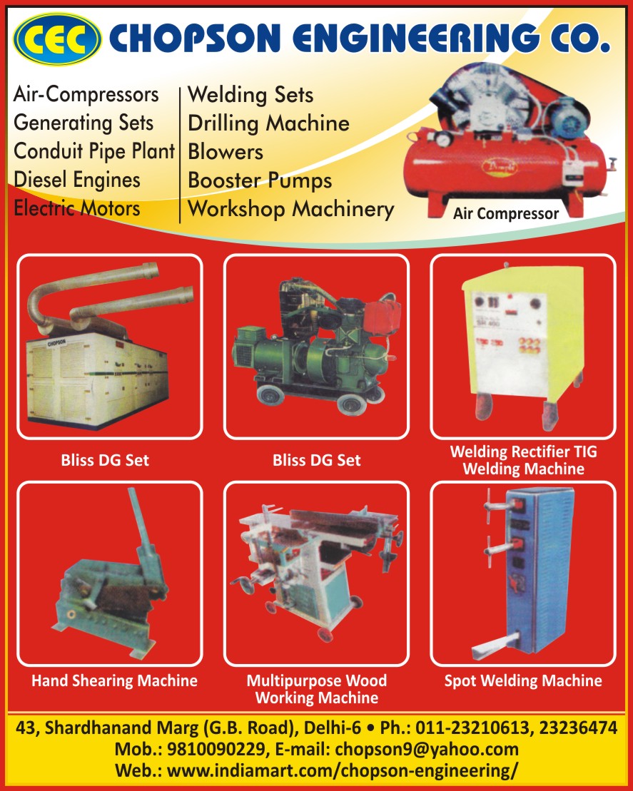 Air Compressors, Welding Sets, Drilling Machines, Blowers, Booster Pumps, Workshop Machinery, Electric Motors, Diesel Engines, Conduit Pipe Plant, Bliss Dg Set, Spot Welding Machines, Hand Shearing Machines, Wood Working Machine