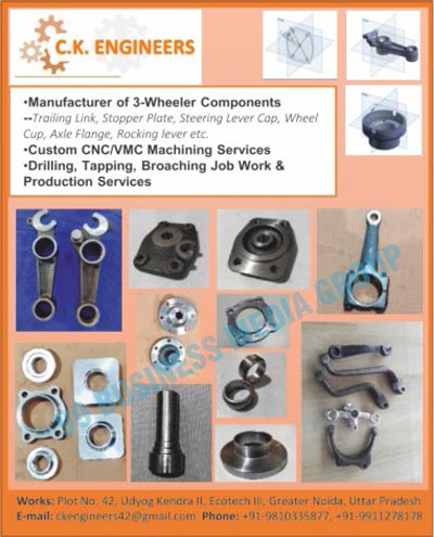 Automotive Components, Three Wheeler Components, Trailing Links, Stopper Plates, Steering Lever Caps, Wheel Caps, Axle Flanges, Rocking Levers, CNC Machine Services, VMC Machine Services, Drilling Job Works, Tapping Job Works, Broaching Job Works