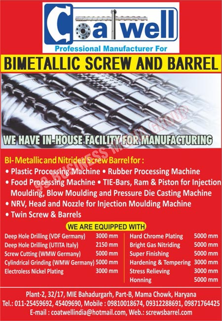 Bimetallic Screws, Bimetallic Barrels, Nitrided Screw Barrels, Plastic Processing Machine Bimetallic Screw Barrels, Rubber Processing Machine Bimetallic Screw Barrels, Food Processing Machine Bimetallic Screw Barrels, Injection Moulding Machine TIE Bar Bimetallic Screw Barrels, Injection Moulding Machine TIE Ram Bimetallic Screw Barrels, Injection Moulding Machine Piston Bimetallic Screw Barrels, Injection Moulding Machine NRV Bimetallic Screw Barrels, Injection Moulding Machine Head Bimetallic Screw Barrels, Injection Moulding Machine Nozzle Bimetallic Screw Barrels, Twin Screws, Twin Barrels, Deep Hole Drillings, Screw Cuttings, Cylindrical Grindings, Electroless Nickel Platings, Hard Chrome Platings, Bright Gas Nitridings, Blow Moulding Machine TIE Bar Bimetallic Screw Barrels, Pressure Die Casting Machine TIE Bar Bimetallic Screw Barrels, Pressure Die Casting Machine TIE Ram Bimetallic Screw Barrels, Pressure Die Casting Machine TIE Piston Bimetallic Screw Barrels, Bimetallic Screw Barrels, Plastic Processing Machine Nitrided Screw Barrels, Rubber Processing Machine Nitrided Screw Barrels, Food Processing Machine Nitrided Screw Barrels, Blow Moulding Machine TIE Ram Bimetallic Screw Barrels, Blow Moulding Machine TIE Piston Bimetallic Screw Barrels, Injection Moulding Machine TIE Piston Bimetallic Screw Barrels, Injection Moulding Machine TIE Bar Nitrided Screw Barrels, Pressure Die Casting Machine TIE Bar Nitrided Screw Barrels, Blow Moulding Machine TIE Bar Nitrided Screw Barrels, Injection Moulding Machine TIE Ram Nitrided Screw Barrels, Pressure Die Casting Machine TIE Ram Nitrided Screw Barrels, Blow Moulding Machine TIE Ram Nitrided Screw Barrels, Pressure Die Casting Machine TIE Piston Nitrided Screw Barrels, Blow Moulding Machine TIE Piston Nitrided Screw Barrels, Injection Moulding Machine TIE Piston Nitrided Screw Barrels, Injection Moulding Machine NRV Nitrided Screw Barrels, Injection Moulding Machine Head Nitrided Screw Barrels, Injection Moulding Machine Nozzle Nitrided Screw Barrels, Twin Bimetallic Screw Barrels, Twin Nitrided Screw Barrels