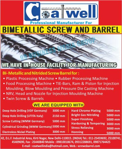 Bimetallic Screws, Bimetallic Barrels, Nitrided Screw Barrels, Plastic Processing Machines, Rubber Processing Machines, Food Processing Machines, TIE-Bars, TIE-Rams, Injection Moulding Pistons, Blow Moulding Machines, Pressure Die Casting Machines, NRV Injection Moulding Machines, Head Injection Moulding Machines, Nozzle Injection Moulding Machines, Twin Screws, Twin Barrels, VDF Germany Deep Hole Drillings, UTITA Italy Deep Hole Drillings, WMW Germany Screw Cuttings, WMW Germany Cylindrical Grindings, Electroless Nickel Platings, Hard Chrome Platings, Bright Gas Nitridings, TIE-Bar Injection Moulding Machines, TIE-Ram Injection Moulding Machines, TIE-Piston Injection Moulding Machines, TIE-Bar Blow Moulding Machines, TIE-Ram Blow Moulding Machines, TIE-Piston Blow Moulding Machines, TIE-Bar Pressure Die Casting Machines, TIE-Ram Pressure Die Casting Machines, TIE-Piston Pressure Die Casting Machines