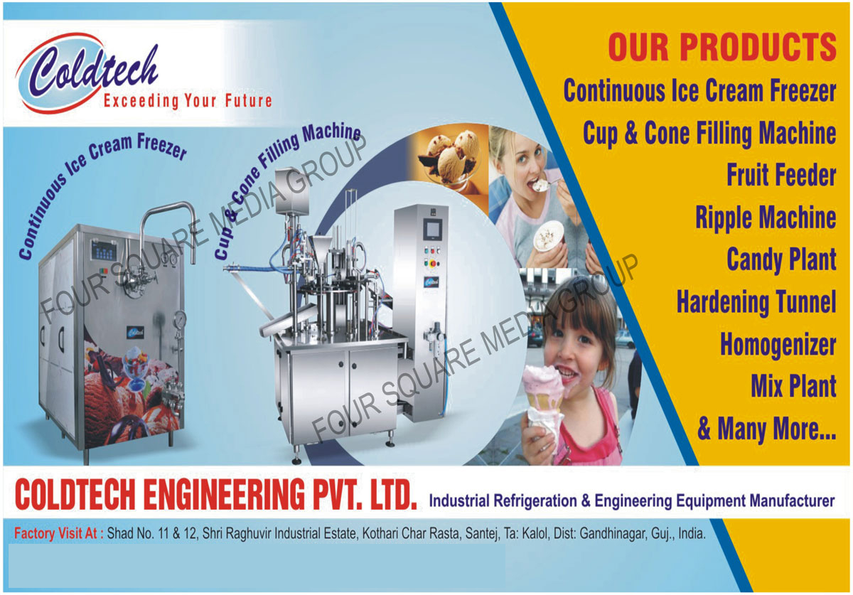 Continuous Ice Cream Freezer, Cone Filling Machine, Cup Filling Machines, Ripple Machines, Hardening Tunnels, Homogenizers,Ice Cream Freezer, Homegenizer Mix Plant