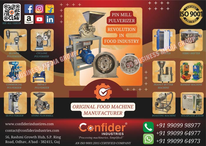 Food Machines, Food Processing Machines, Pulverizers, Blower Pulverizers, Cyclone Pulverizers, Commercial Pulverizers, Impact Pulverizers, SS Pulverizers, Stone Flour Mills, Tray Dryers, Peanut Butter Machines, Roasting Machines, Vibro Shifters, Kandap Machines, Sugarcane Machines, Pin Mill Pulverizers, Pin Mill Machines, Flour Mill Machines
