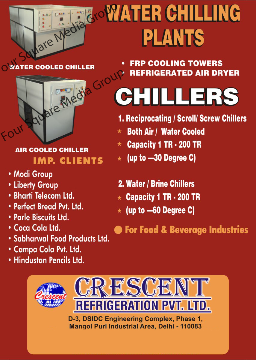 Water Chilling Plants, Water Cooled Chiller, Frp Cooling Towers, Refrigerated Air Dryer, Reciprocating Chillers, Scroll Chillers, Air Cooled Chiller, Screw Chillers,Chillers, Water Cooled, Water Chillers, Plate Heat Exchangers, Shell Heat Exchangers, Tube Heat Exchangers, Online Chillers, Conveyor, Cooling Tower, Cutomized Chillers