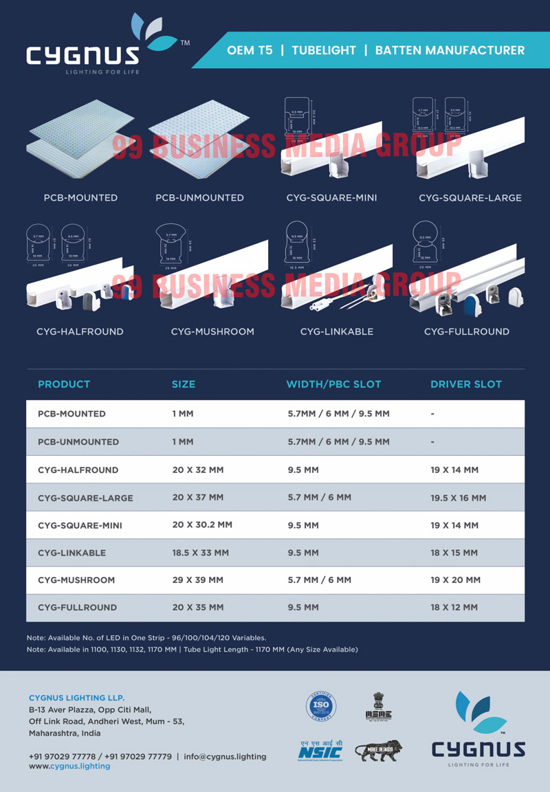 Tube Lights, PCB Mounted, PCB Unmounted, Led Battens, OEM T5, Diffuser Profiles, CYG-Square Mini Tube Lights, Cyg-Square-Large Tube Lights, CYG-Half Round Tube Lights, CYG-Linkable Tube Lights, CYG-Full Round Tube Lights, CYG-Mushroom Tube Lights