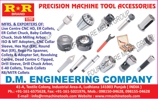 Precision Machine Tool Accessories, Live Center CNC HD, ER Collets, ER Collet Chucks, Baby Collet Chucks, Stub Milling Arbor, CNC Collar Sleeve, Hex Nut, Round Nut, Rego Fix Spanners, Collet Sets, Adopter Sets, Revolving Centre, Dead Centre C Tipped, Drill Sleeve, Drill Chuck Arbor, E40 Collets, Traub Collets, MITR Collets, R8 Collets