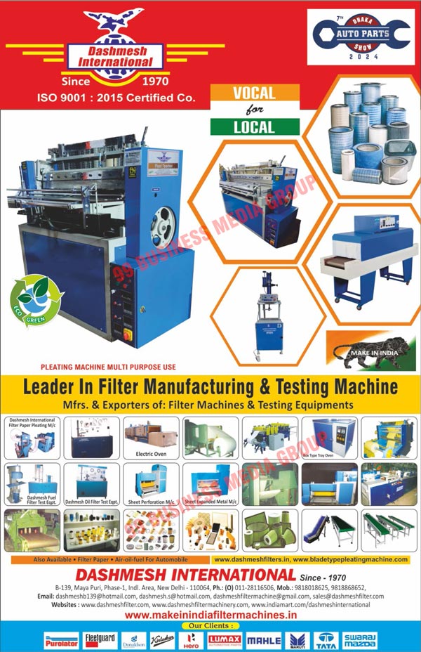 Filter Machines, Filter Testing Equipments, Filter Paper Pleating Machines, Oil Filter Test Equipments, Fuel Filter Test Equipments, CAV Coil Filter Machines, Filter Sheet Perforation Machines, Filter Paper Slitting Machines, Filter Sheet Expanded Metal Machines, Paint Booths, Filter Industry Electric Ovens, PU Air Filters, Filter Paper Machines, Automotive Filters, Air Filters, Oil Filters, Fuel Filters, Box Type Tray Ovens, Hydraulic Filters, Multi Purpose Pleating Machines, Filter Testing Machines, Automobile Air Oil Fuels, Testing Equipments, Sheet Expanded Metal Machines, Electric Ovens, Sheet Perforation Machines