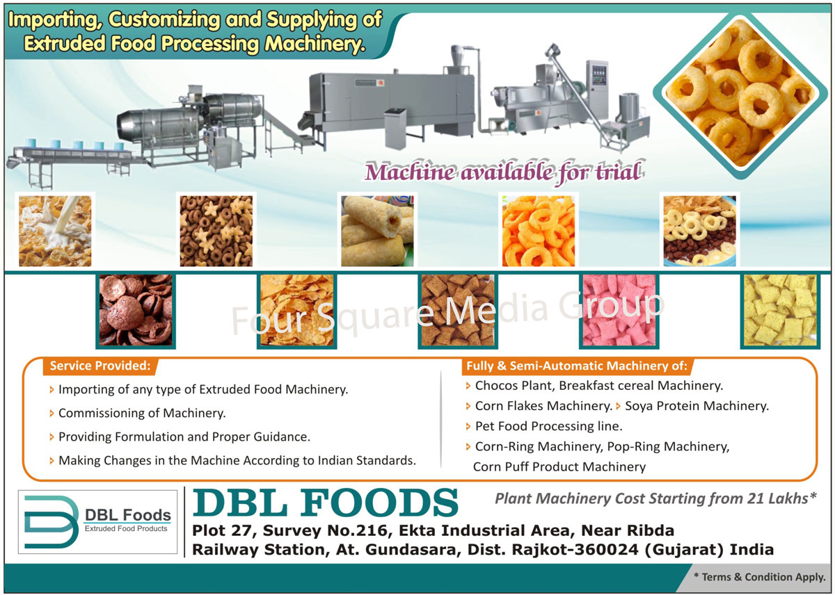 Chocos Plant Machine, Breakfast Cereal Machine, Corn Flake Machine, Soya Protein Machine, Pet Food Processing Line, Corn Ring Machine, Pop Ring Machine, Corn Puff Product Machine, Extruded Food Machine Importing Service, Machine Commissioning Service, Formulation Providing Service, Proper Guidance Providing Service, Machine Making Changes Service