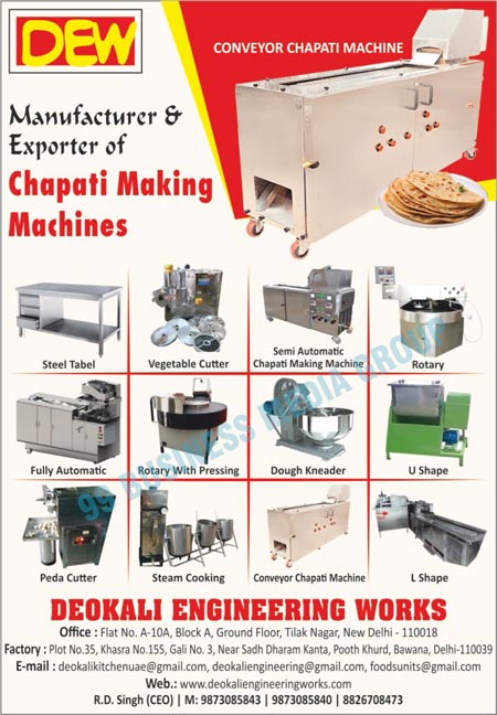 Chapati Making Machines, Chips Slicing Machines, Wafers Slicing Machines, Batch Mixers, Automatic Filling Machines, Cup Filling Machines, Four Side Seal Pouch Packaging Machines, Precision Auger Filling Machines, Snacks Food Extruder Machines, Kurkure Extruder Machines, Precision Potato Chips Slicers, Precision Potato Wafers Slicers, Two Head Filling Machines, Automatic Form Fill Seal Machine, Automatic FFS Machines, AFFS Machines, Manual Form Fill Seal Machines, Manual FFS Machines, Food Processing Machineries, Pouch Filling Machines, FFS with Auger Filler Machines, Roaster Machines, Packaging Machines, Potato Chips Plant Lines, Potato Wafers Plant Lines, Burner Gas Ranges, Conveyor Chapati Machines, Steel Tables, Vegetable Cutters, Semi Automatic Chapati Making Machines, Rotaries, Dough Kneaders, Steam Cookings, Peda Cutters