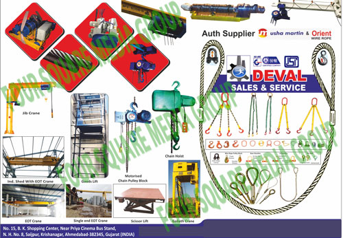 EOT Cranes, Hoist, Motorised Chain Blocks, Electrical Trolleys, Goods Lifts, Goods Lift Spare Parts, Wire Ropes, Slings, Web Slings, Eye Hooks, Bow Shackles, Safe Track Systems, HOT Cranes, D Shackles, Jib Cranes, Motorised Chain Pulley Blocks, Scissor Lifts, Single End EOT Cranes, Goliath Cranes, Chain Hoists, Wire Ropes