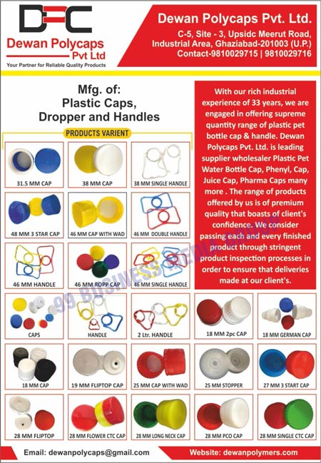 Plastic Products, Plastic Caps, Plastic Droppers, Plastic Handles, Plastic Pet Bottle Cpas, Plastic Pet Handles, Water Bottle Caps, Flip Top Caps, Bottle Handle Caps, Eye Dropper Caps, Yellow Plastic Bottle Handles, Fine Mist Sprayers