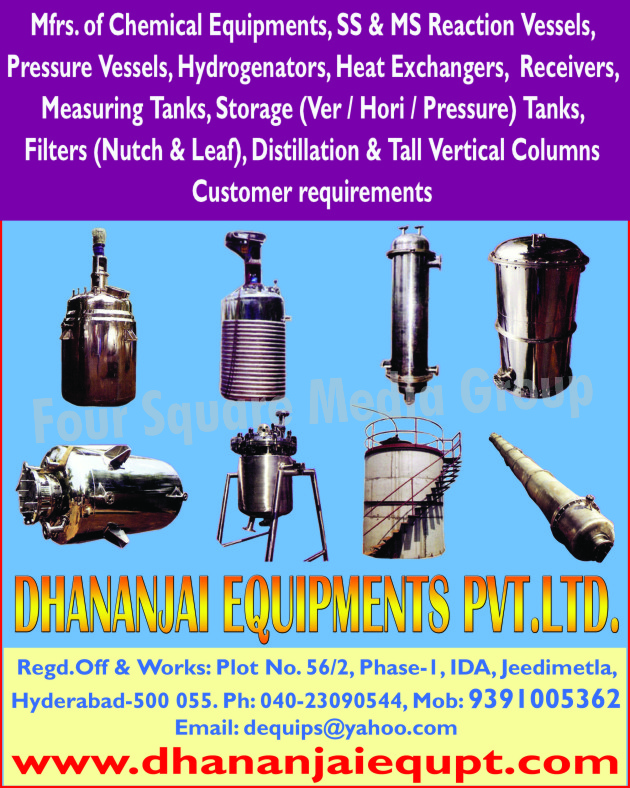 Chemical Equipments, SS Reaction Vessels, MS Reaction Vessels, Pressure Vessels, Hydrogenators, Heat Exchangers, Pressure Leaf Filters, Pressure Nutsche Filters, Pressure Storage Tanks, Distillation Columns, Tall Vertical Columns, Measuring Tanks, Horizontal Storage Tanks, Vertical Storage Tanks,Vessels, Heat Exchanger, Measuring Tanks, Storage Tanks, Filters