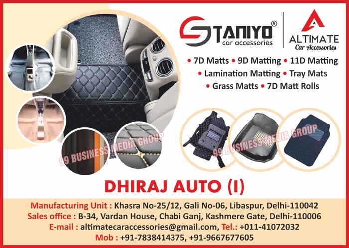 Car Accessories, Car Mats, Car 7D Mats, Car 9D Mattings, Car 11D Mattings, Car Lamination Mattings, Car Tray Mats, Car Grass Mats, Car 7D Mat Rolls