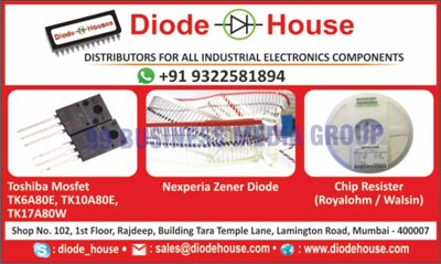 Industrial Electronic Components, Zener Diodes, Diodes, Bridge Rectifier Diodes, Transistors, Crystal, Oscillators, Integrated Circuits, Micro Controller, Relay, Resistances, Networks, Electrolytic Capacitors, Aluminium Electrolytic Capacitors, Ceramic Capacitors, Metallized Polyester Film Capacitors, Tantalum Capacitors, Leds, Led Displays, LCD Displays, Graphic Displays, Dot Matrix Display, Seven Segment Displays, Mosfets, IGBTs, Led Driver ICs, Potentiometers, Trimpots, Helipots, Dials, Varistors, MOV, NTC, PTC