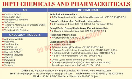 Chemical Products, Pharmaceutical Products, Cetilistat ODMF, Linagliptin DMF, Ledipasvir Copovidones, Sofosbuvirs, Tenofovirs Alafenamides Fumarates ODMF, Tofacitinib Citrates, Velapatasvir Copovidones, Oncology Products, Abiratone Acetates, Bosutinib, Enzalutamides, Erlotinib HCL, Gemcitamines HCL, Ibrutinib Mesylates, Olaparibs, Palbociclibs, Pazopanibs, Ventoclax, Amisulpride Intermediates, Carprofen Intermediates, Ketoprofen Intermediates, Darifinacin Intermediates, Dapagliflozin Intermediates, Empagliflozin Intermediates, Bexagliflozin Intermediates, Fingolimod Intermediates, Linagliptin Intermediates