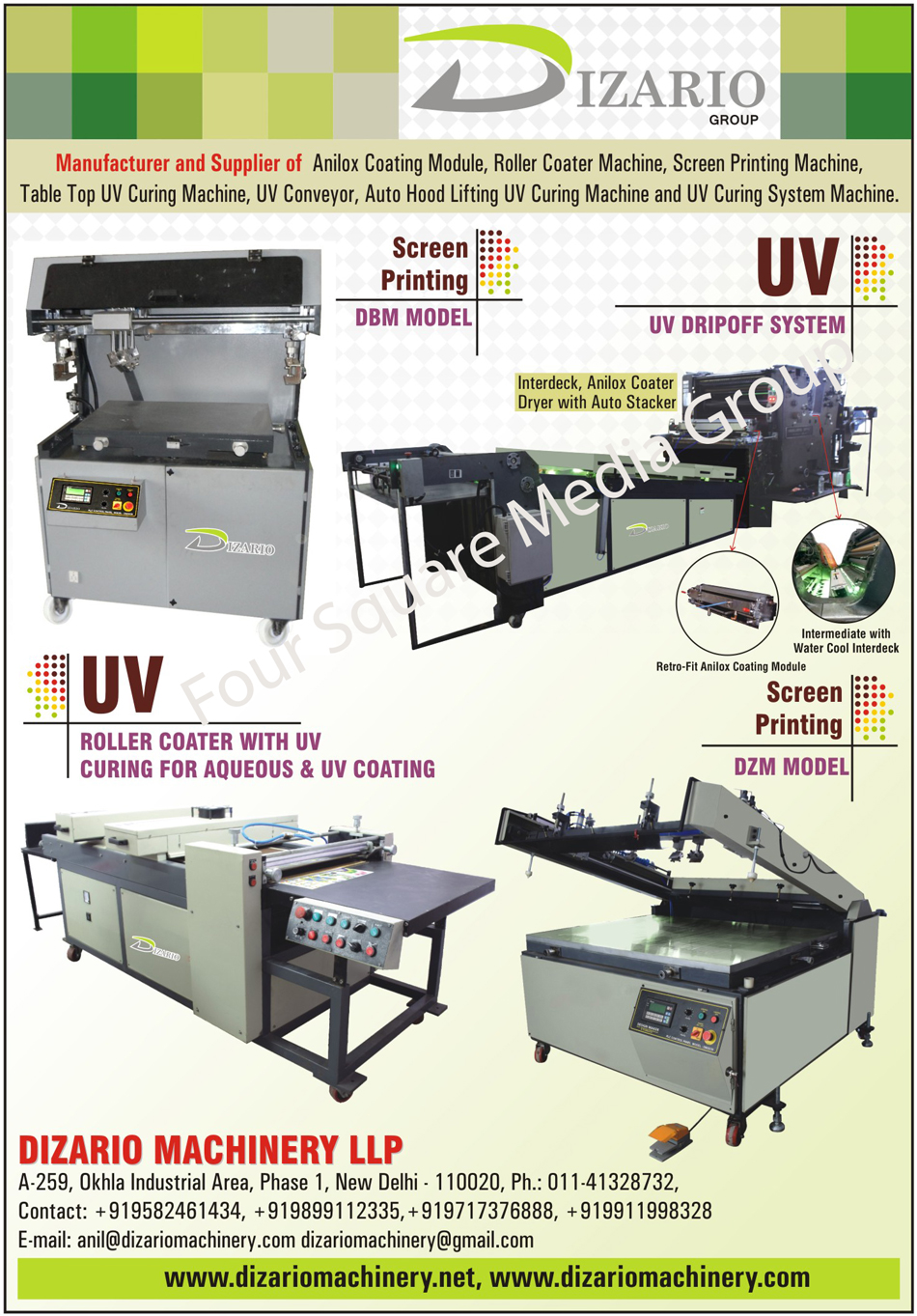 Anilox Coating Modules, Roller Coater Machines, Screen Printing Machines, Table Top UV Curing Machines, UV Conveyors, Auto Hood Lifting UV Curing Machine, UV Curing System Machines, Interdeck Coater Dryers, Anilox Coater Dryers