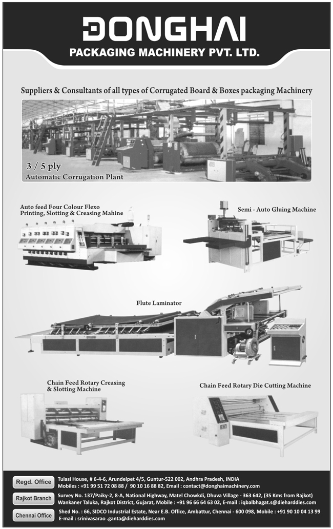 Die Cutting Machines, Creasing Machines,  Slotting Machines, Chain Feed Rotary Die Cutting Machines, Flute Laminators, Auto Feed Four Colour Flexo Printing Machines, Slotting Machines, Creasing Machines, Semi Automatic Gluing Machines, Corrugated Board Packaging Machines, Corrugated Box Packaging Machines, Gluing Machines, Flexo Printing Machines