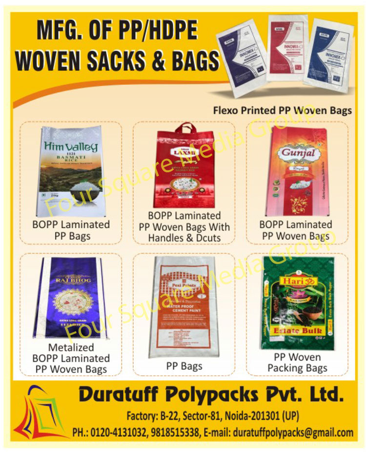 PP Woven Sacks, HDPE Woven Sacks, PP Woven Bags, HDPE Woven Bags, BOPP Laminated PP Bags, BOPP Laminated Handle Bags, BOPP Laminated Dcuts Bags, BOPP Laminated PP Woven Bags, Metalized BOPP Laminated Bags, PP Bags, PP Woven Packing Bags, Flexo Printed PP Woven Bags