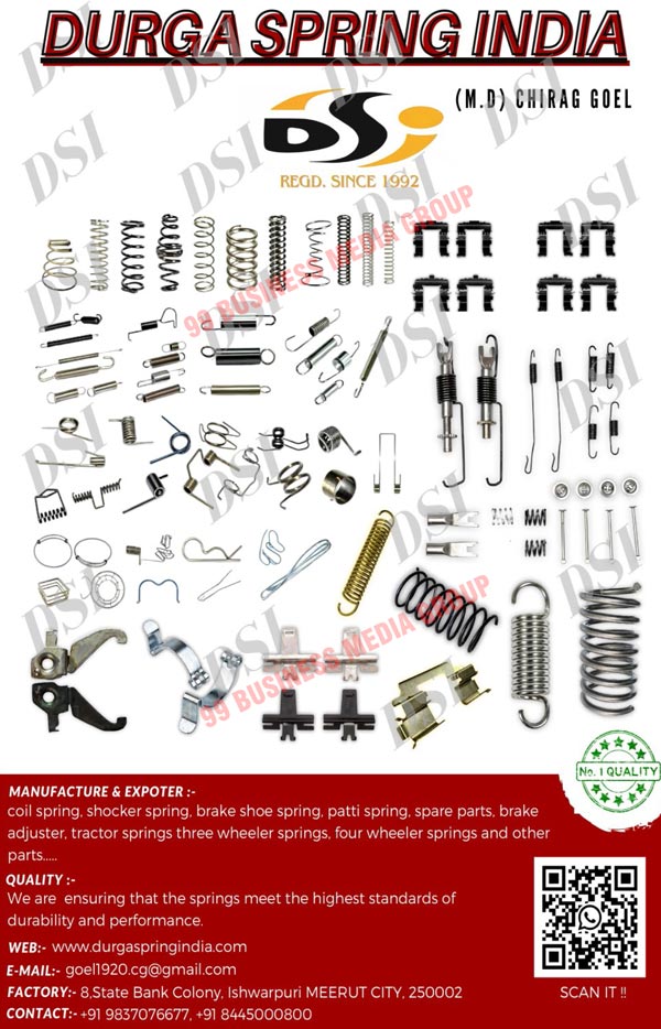 Automotive Spare Parts, Coil Springs, Shocker Springs, Brake Shoe Springs, Patti Springs, Torsion Springs, Wire Springs, Automotive Fork Springs, Automotive Springs, Brake Adjusters, Brake Shoe Full Kits, Brake Repair Kits, Zig Zag Springs, Cultivator Tiller Compression Springs, Mild Steel Torsion Springs, Elolfic Filters, Wiper Blades, Power Window Switches, Industrial Coil Springs, Tractor Springs, Three Wheeler Springs, Four Wheeler Springs, Three Wheeler Spare Parts, Four Wheeler Spare Parts