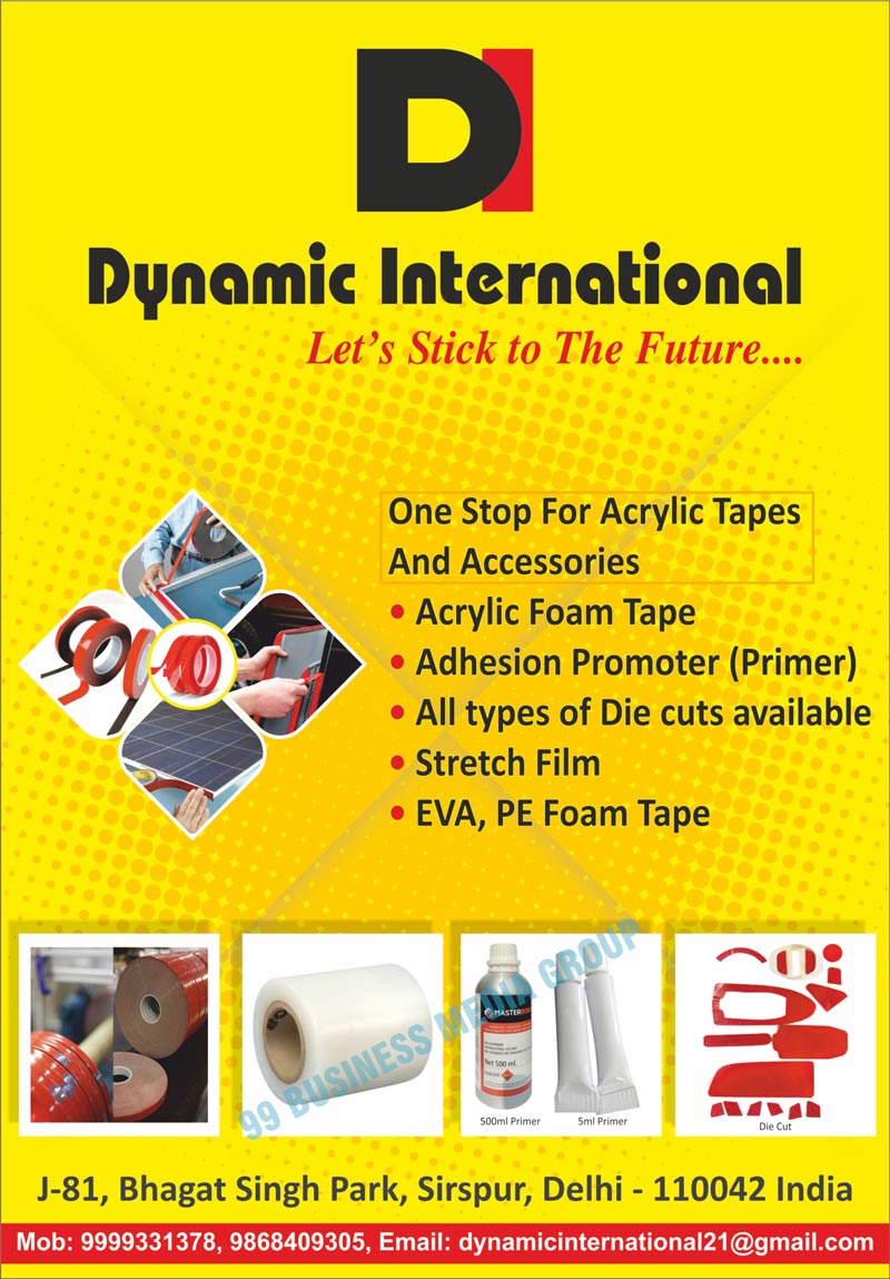 Acrylic Foam Tapes, Primer Adhesion Promoters, Die Cuts, Stretch Films, EVA Foam Tapes, PE Foam Tapes