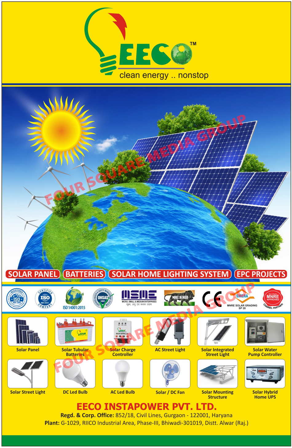 Solar Panels, Solar Tubular Batteries, Solar Charge Controllers, AC Street Lights, Solar Integrated Street Lights, Solar Water Pump Controllers, Solar Street Lights, DC Led Bulbs, AC Led Bulbs, Solar Fans, DC Fans, Solar Mounting Structures, Solar Hybrid Home UPS, Solar Home Lighting Systems