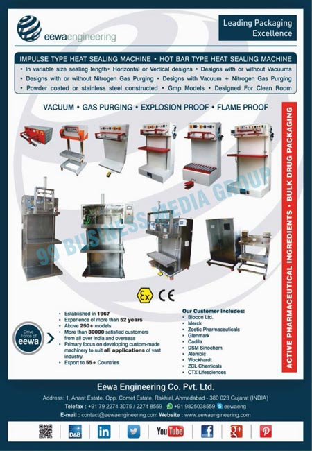 Packaging Machines, Impulse Type Heat Sealing Machines, Hot Bar Type Heat Sealing Machines, Active Pharmaceutical Ingredient Machines, Bulk Drug Packaging Machines, Vacuum Machines, Gas Purging Machines, Exlosion Proof Machines, Flame Proof Machines