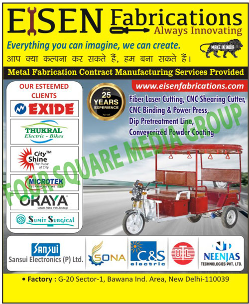 Metal Fabrication Contract Manufacturing Services, Fiber Laser Cutting Services, CNC Shearing Services, CNC Bending Services, Power Press, Welding Services, Dip Pretreatment Plant, Conveyorized Powder Coating, Online UPS Cabinets, CPU, Stabilizer Cabinets, Inverter Cabinets, E Rickshaw, Laser Cutting, Electric Tandoor, Weighing Scale, E Rickshaw Charger, Dip Pretreatment Line