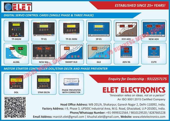 Single Phase Digital Servo Control Cards, Three Phase Digital Servo Control Cards, Motor Starter Controllers, Dol Deltas, Star Deltas, Phase Preventers