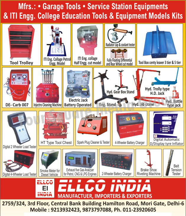 Garage Tools, Workshop Equipments, Workshop Tools, Garage Equipments, Service Station Equipments, ITI Engineering College Education Tools, ITI Engineering College Education Equipment Model Kits, Garage Tool Trollies, ITI Engineering College Petrol  Models, ITI Engineering College Half Cut Models, Radiator Caps, Radiator Coolant Testers, Fully Floating Differential Wheel Cut Models, Rear Wheel Cut Models, 3 Tier Tool Box Centy Leavers, 5 Tier Tool Box Centy Leavers, DE Carbs, Injector Cleaning Machines, Battery Operated Electric Jacks, Hydraulic Gear Box Stands, Engineering Stands, Service Station Hydraulic Jib Cranes, Hydraulic Trolley Type HD Jacks, Hydraulic Bottle Jacks, Digital 2 Wheeler Load Testers, Digital 4 Wheeler Load Testers, Digital Two Wheeler Load Testers, Digital Four Wheeler Load Testers, HT Type Tool Chest, Spark Plug Cleaners, Spark Plug Testers, 4 Wheeler Battery Chargers, Four Wheeler Battery Chargers, Digital Automatic D/Display Tyre Inflators, Diesel Vehicle Smoke Meters, Petrol Engine Exhaust Five Gas Analyzers, CNG Engine Exhaust Five Gas Analyzers, LPG Engine Exhaust Five Gas Analyzers, Two Wheeler Battery Chargers, 2 Wheeler Battery Chargers, Brake Shoe Riveting Machines, Belt Tension Testers