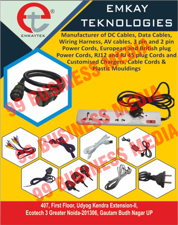 DC Cables, Data Cables, Wiring Harness, 3 Pin Power Cords, 2 Pin Power Cords, Cable Cords, AV Cables, Power Cords, RJ12 Plug Cords, RJ 45 Plug cords, Customised Chargers, Plastic Mouldings 