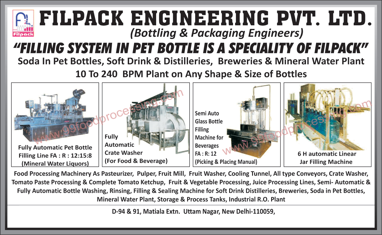 Soft Drink Machines, Distillerie Machines, Brewery Machines, Mineral Water Plant Machines, Soda Pet Bottle Machines, Mineral Water Fully Automatic Pet Bottle Filling Lines, Liquor Fully Automatic Pet Bottle Filling Lines, Fully Automatic Food Crate Washers, Beverage Fully Automatic Food Crate Washers, Beverage Semi Auto Glass Bottle Filling Machines, 6 H Automatic Linear Jar Filling Machines, Food Processing Machines, Pasteurizers, Pulpers, Fruit Mills, Fruit Washers, Cooling Tunnels, Conveyors, Tomato Paste Processing Machines, Tomato Ketchup Processing Machines, Tomato Sauce Processing Machines, Fruit Processing Machines, Vegetable Processing Machines, Juice Processing Lines, Semi Automatic Bottle Washing Machines, Semi Automatic Bottle Rinsing Machines, Semi Automatic Bottle Filling Machines, Semi Automatic Bottle Sealing Machines, Fully Automatic Bottle Washing Machines, Fully Automatic Bottle Rinsing Machines, Fully Automatic Bottle Filling Machines, Fully Automatic Bottle Sealing Machines, Storage Tanks, Process Tanks, Industrial RO Plants, Industrial Reverse Osmosis Plants