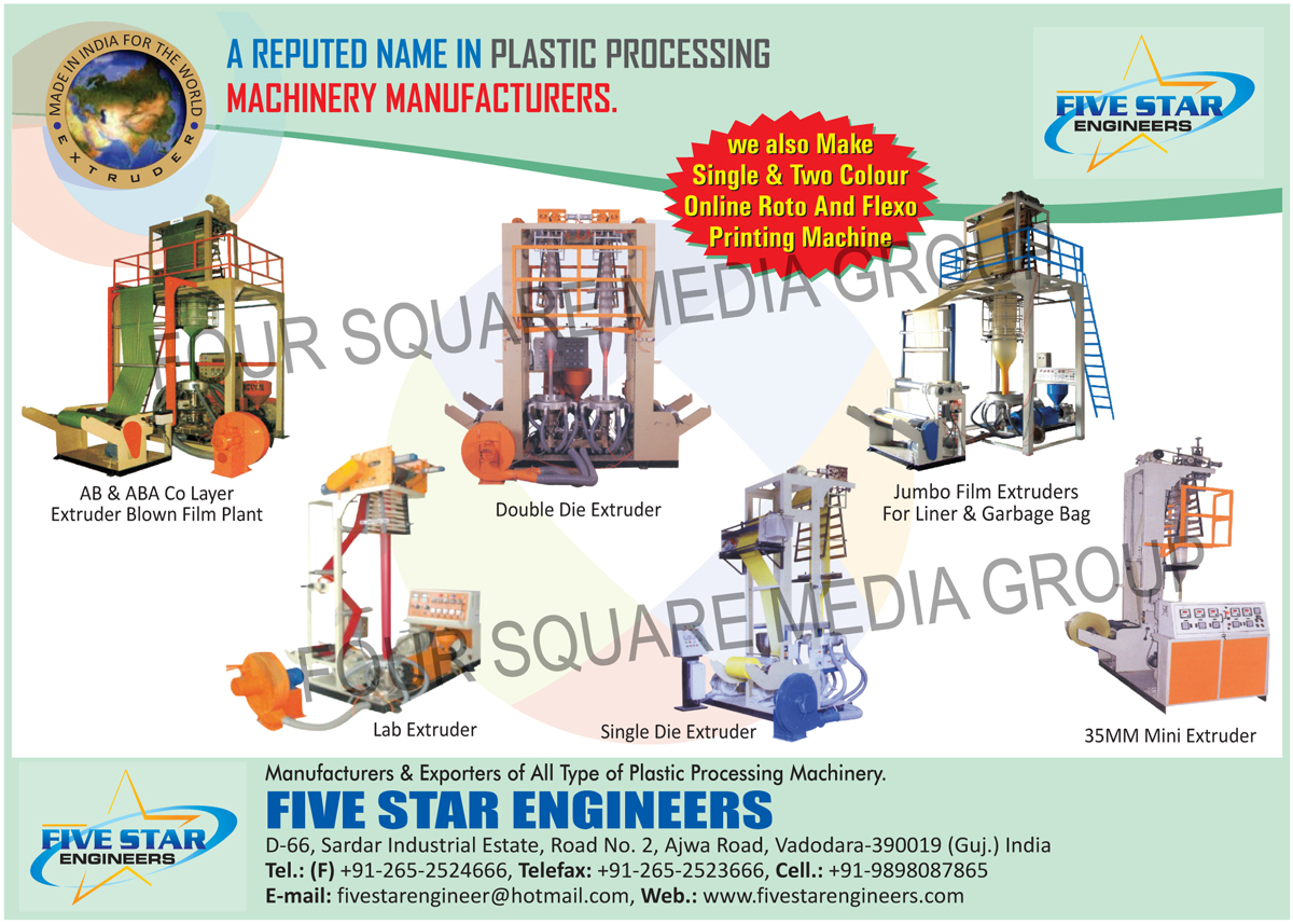 Double Die Extruders, Flexo Printing Machines, Online Roto Printing Machines, Extruder Blown Film Plants, Lab Extruders, Liner Jumbo Film Extruders, Garbage Bag Jumbo Film Extruder, Mini Extruders, Single Die Extruders, AB Co Layer Extruder Blown Film Plants, Plastic Processing Machines,Extruders, Laboratory Extruder Machine, Pelletizing Machines, Bag Making Machines, Plastic Film Machines, Precision Die, Die Extruders