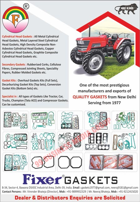 Gaskets, Car Gaskets, Tractor Gaskets, Truck Gaskets, Compressor Gaskets, Cylindrical Head Gaskets, Secondary Gaskets, Gasket Kits, Metal Cylindrical Head Gaskets, Metal Layered Steel Cylindrical Head Gaskets, High Density Composite Non Asbestors Cylindrical Head Gaskets, Copper Cylindrical Head Gaskets, Graphite Composite Cylindrical Head Gaskets, Rubberized Cork Gaskets, Cellulose Fibre Gaskets, Compressed Jointing Sheet Gaskets, Speciality Paper Gaskets, Rubber Molded Gaskets, Full Set Overhaul Gasket Kits, Top Set Decarburizing Gasket Kits, Bottom Set Conversion Gasket Kits