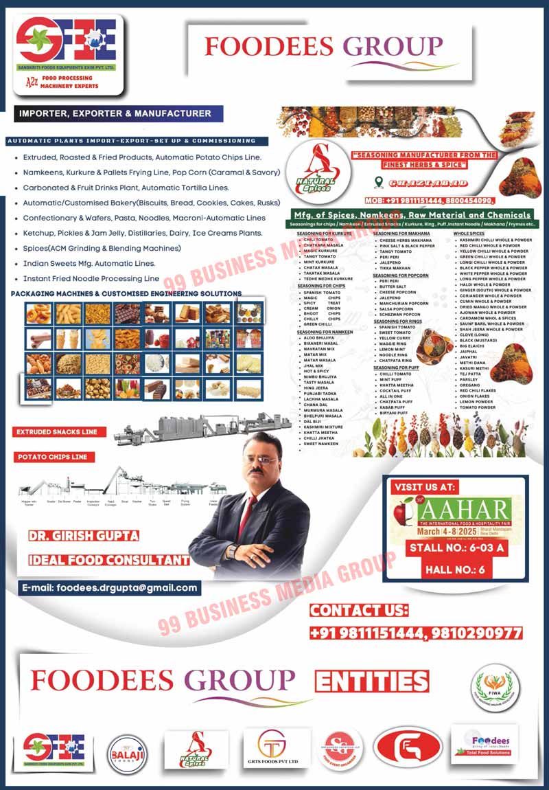 Food Consultancy Services, Food Product Development Services, Technology Transfer Services, Auditing Implementation Services, System Implementation Services, Food Product Sale Services, Food Product Marketing Services, Food Product Advertising Servicings, Food Packaging Solutions, Automatic Plants, Extruded Product Plants, Roasted Product Plants, Fried Plants, Automatic Fortified Rice Kernel Line Plants, Automatic Potato Wafer Plants, Automatic Corn Wafer Plants, Automatic Corn Plants, Automatic Puff Plants, Automatic Tortila Plants, Carbonate Drink Plants, Fruit Drink Plants, Bakery Products, Biscuits, Breads, Cookies, Cakes, Rusks, Khari, Food Processing Machines, Extruded Snacks Lines, Potato Chips Lines, Food Packaging Machines, Automatic Potato Chips Lines, Food Equipments, Seasonings, Herb Seasonings, Spices Seasonings, Spices, Namkeens, Raw Materials, Raw Chemicals, Chips Seasonings, Namkeen Seasonings, Extruded Snacks Seasonings, Kurkure Seasonings, Rings Seasonings, Puff Seasonings, Instant Noodle Seasonings, Makhana Seasonings, Frymes Seasonings, Popcorn Seasonings, Whole Spices Seasonings, Food Spices