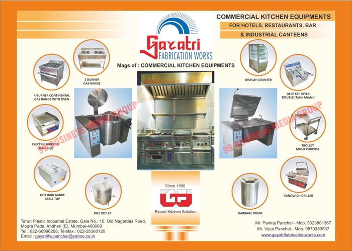 Commercial Kitchen Equipments, Hotel Commercial Kitchen Equipments, Restaurant Commercial Kitchen Equipments, Bar Commercial Kitchen Equipments, Industrial Canteen Commercial Kitchen Equipments, Two Burner Gas Ranges, Four Burner Continental Gas Range Ovens, Table Top Electric Griddles, Tilting Boiling Pans, Hot Bain Marie Table Top, Rice Boilers, Tilting Brat Pans, Garbage Drums, Sandwich Grillers, Multi Purpose Trollies, Table Model Double Deep Fat Fryers, Display Counters