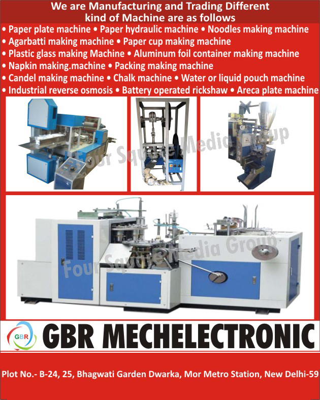 Paper Plate Making Machines, Paper Hydraulic Machines, Noodles Making Machines, Agarbatti Making Machines, Paper Cup Making Machines, Plastic Glass Making Machines, Aluminium Foil Container Making Machines, Napkin Making Machines, Packing Making Machines, Candle Making Machines, Chalk Machines, Water Pouch Making Machines, Liquid Pouch Making Machines, Industrial Reverse Osmosis Systems, Battery Operated Rickshaws, Areca Plate Machines