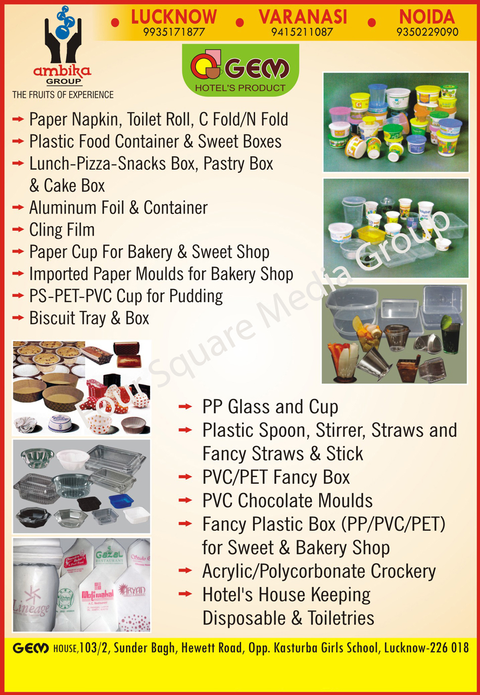 Paper Napkins, Toilet Rolls, Plastic Food Containers, Sweet Boxes, Lunch Boxes, Snacks Boxes, Pizza Boxes, Cake Boxes, Pastry Boxes, Aluminium Foils, Aluminium Containers, Cling Films, Bakery Shop Paper Cups, Sweets Shop Paper Cups, Bakery Paper Moulds, Pudding PS PET Cups, Pudding PS PVC Cups, Biscuit Trays, Biscuit Boxes, PP Glasses, PP Cups, Plastic Spoons, Plastic Stirrers, Plastic Straws, Plastic Sticks, PVC Fancy Boxes, Pet Fancy Boxes, PVC Chocolate Moulds, Fancy Plastic Boxes, Fancy PP Plastic Boxes, Fancy PVC Plastic Boxes, Fancy PET Plastic Boxes, Acrylic Crockeries, Polycorbonate Crockeries, Hotel Housekeeping Disposable Products, Hotel Toiletries, C Folds, N Folds