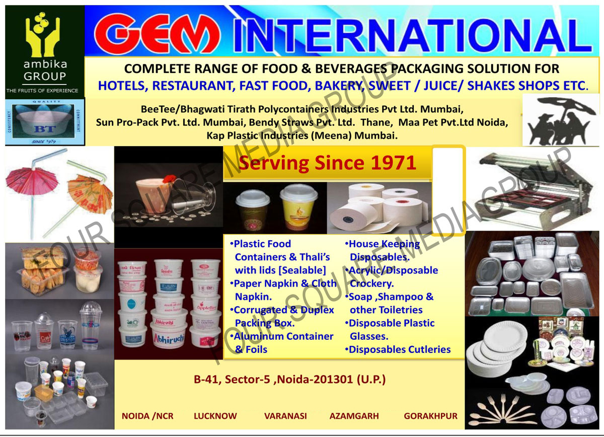 Food Packaging Solutions, Beverage Packaging Solutions, Corrugated Packing Boxes, Duplex Packing Boxes, Aluminium Containers, Aluminium Foils, Paper Napkins, Cloth Napkins, Plastic Food Containers, Housekeeping Disposables, Disposable Crockery, Plastic Disposable Glasses, Soap Toiletries, Shampoo Toiletries,Carry Bags, Cup, Trays, Foil Containers, Thalis with Lids, Acrylic Crockery